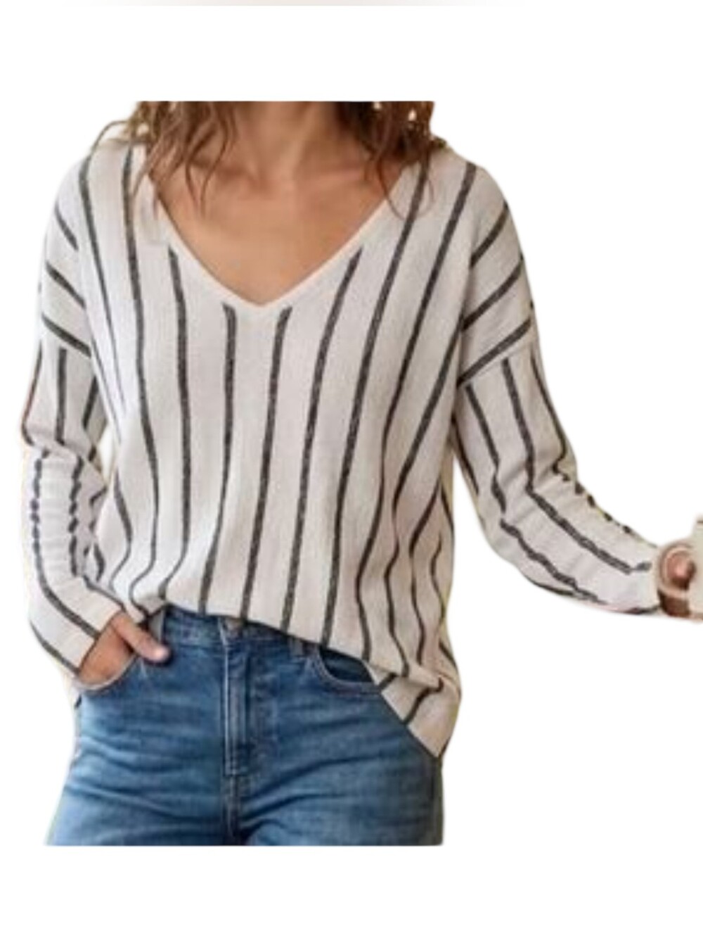 ANTHROPOLOGIE Willa Striped Crinkle Gauze V-Neck Boho Blouse Top White Black S